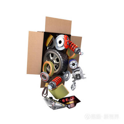 现代汽车维修理念汽车用品送货车配件打开盒3d 渲染在白色无阴影